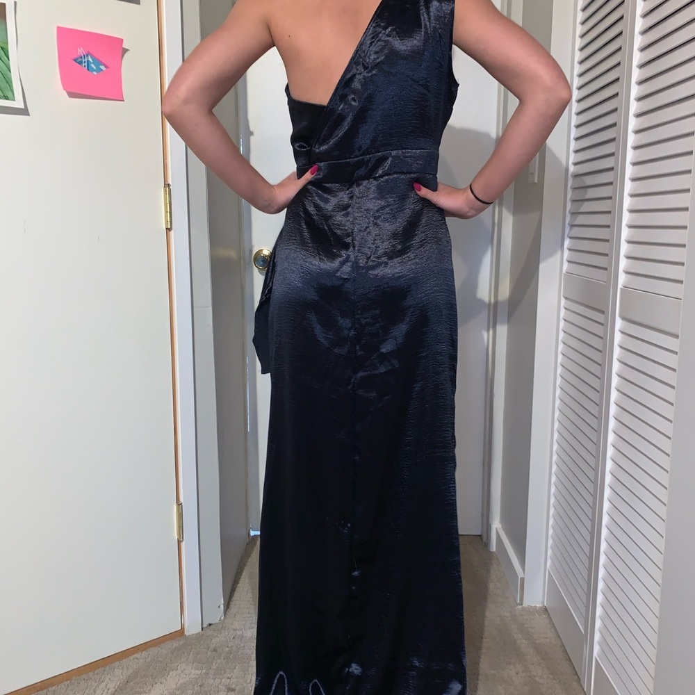 Navy one shoulder Maxi Party Dress with High Slit - Picture 3 of 7